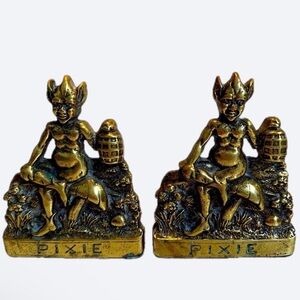 RARE‼️ ANTIQUE BRONZE DARTMOOR ENGLAND PIXIE ELF MUSHROOM GOTHIC STATUE BOOKENDS